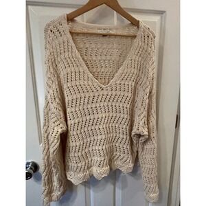 American Eagle Womens XL Cream Open Knit V-Neck Sweater Scalloped Boho Crochet